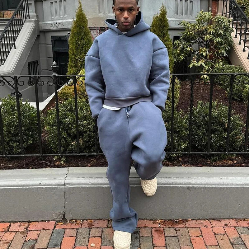 Men’s Vintage 2-Piece Tracksuit – Casual Cotton Hoodie & Straight Pants Set, Loose Hip Hop Y2K Streetwear Outfit