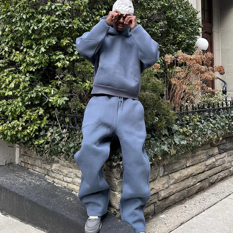 Men’s Vintage 2-Piece Tracksuit – Casual Cotton Hoodie & Straight Pants Set, Loose Hip Hop Y2K Streetwear Outfit